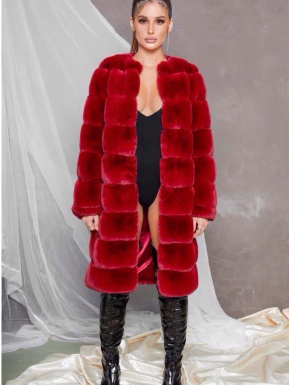 Oh Polly Red Faux Fur Quilted-Panel Trench Coat XS
